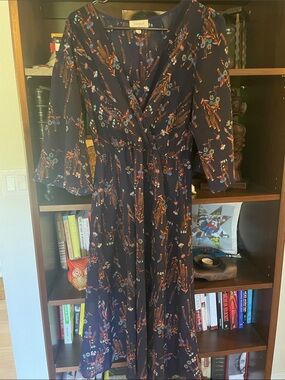 Everly Navy Floral Wrap Midi Dress with Rust and Teal Accents